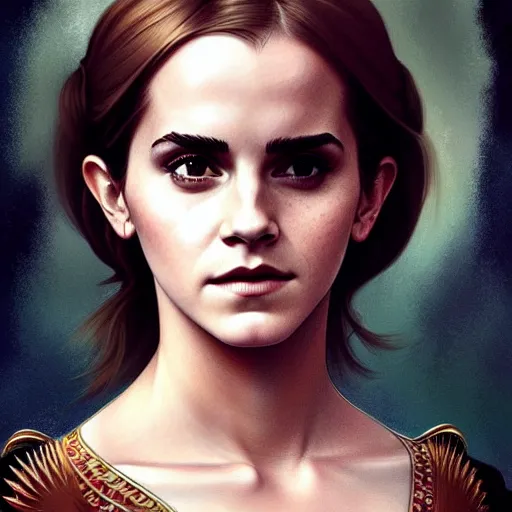 Image similar to emma watson portrait of ottoman sultan gog, female, clear face, symetrical, masculine, full body, muscular, fantasy, intricate, elegant, highly detailed, digital painting, artstation, concept art, matte, sharp focus, illustration, art by artgerm and greg rutkowski and alphonse mucha