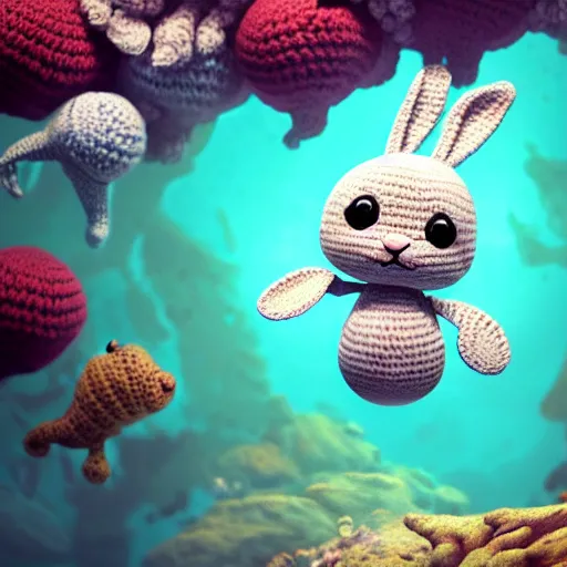 Image similar to a baby crochet bunny diving underwater. cute, illustration, digital art, inspired by little big planet, by greg rutkowski, sharp, masterpiece, highly detailed, photorealistic, octane render, 8 k, unreal engine 5, trending on artstation, vivid colors