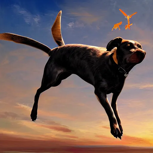 Prompt: flying dog with propeller on it's back flying like a helicopter, digital art, highly detailed