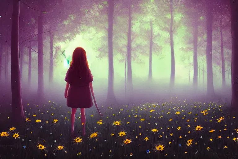 Prompt: giant bunch of daisy flowers head, girl walking in dark forest, surreal photography, dark night, stars, moon light, impressionist painting, clouds, digital painting, artstation, simon stalenhag