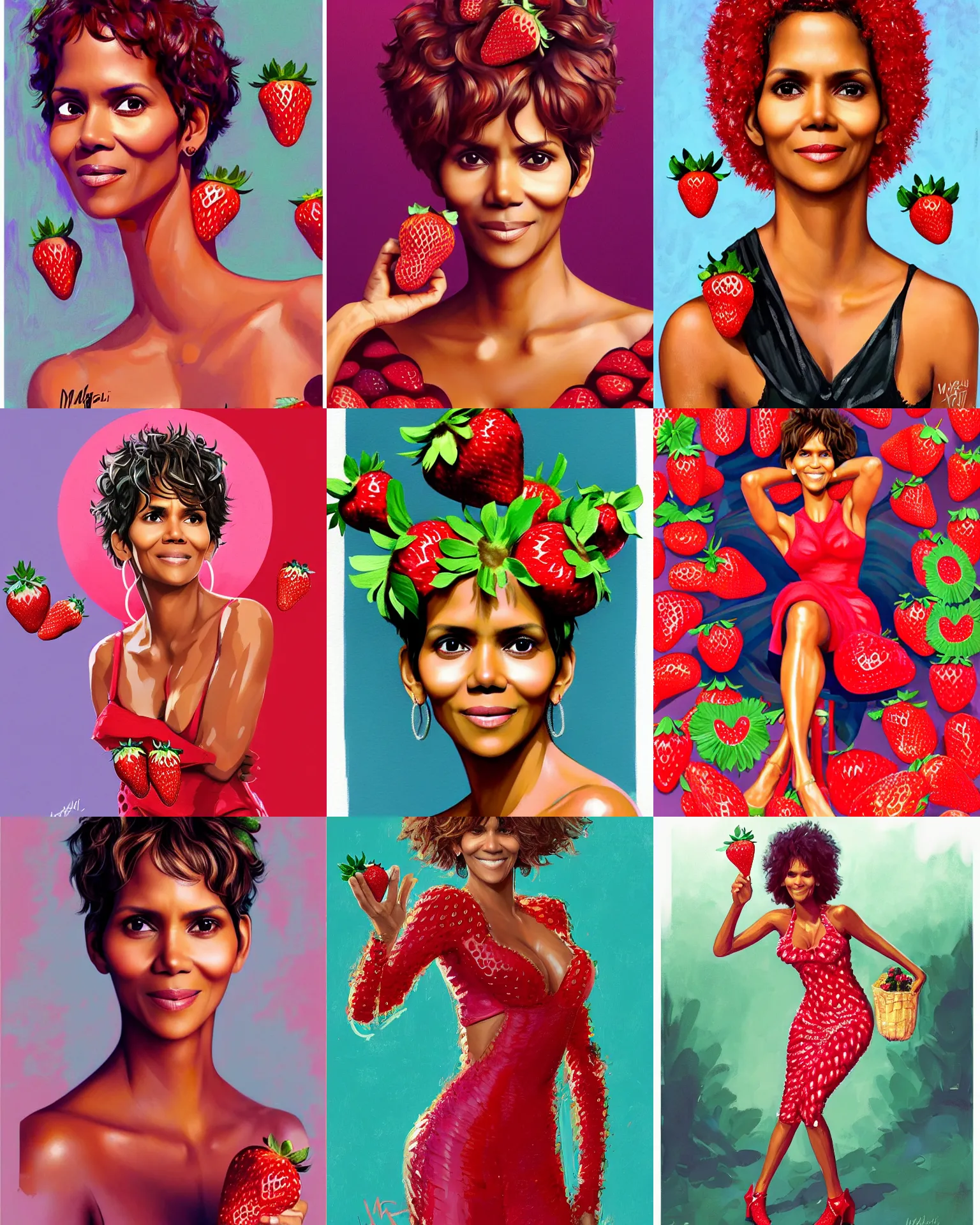 Prompt: halle berry as the strawberry mascot, red carpet, strawberry festival, charlotte olympia, dramatic lighting, london fashion week, friends of fruits, bedazzled fruit costumes, shaded lighting poster by magali villeneuve, artgerm, jeremy lipkin and michael garmash, rob rey and kentaro miura style, trending on art station