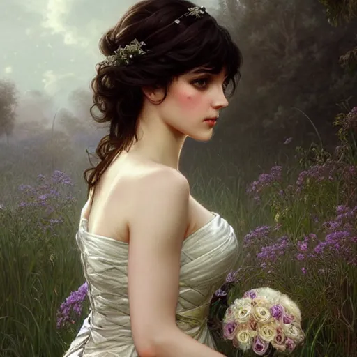 Image similar to a beautiful girl with dark hair and bangs, wearing a wedding dress, royal gardens background, fantasy, intricate, elegant, highly detailed, digital painting, artstation, concept art, matte, sharp focus, illustration, art by Artgerm and Greg Rutkowski and Alphonse Mucha
