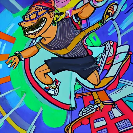 Image similar to high detailed painting of the adult version Otto Rocket of rocket power nick cartoon dancing at a rave