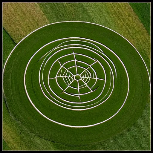 Prompt: spooky crop circles seen from a helicopter