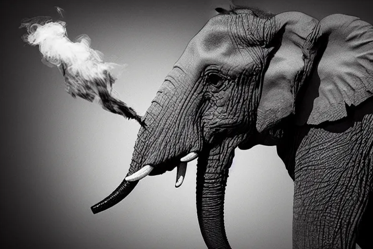 Image similar to ultra realistic photography, picture of ( subject : an elephant blowing smoke ). the scene is set in a gentlemens cigar lounge, a very smokey atmosphere, small thick clouds of cigar smoke, artstation, focus on the elephant, anatomically correct elephant features, extremely detailed and crisply sharp photo, hyperrealistic smoke, figma, sigma, 4 k