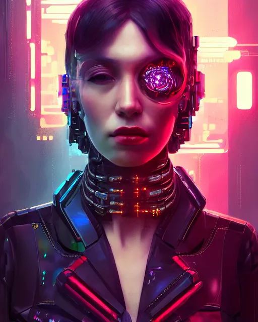 Image similar to portrait of agatha vega as a cyberpunk cyborg. sci - fi, missing panels, intricate abstract upper body intricate artwork, by tooth wu, wlop, beeple, dan mumford. concept art, octane render, deviantart, greg rutkowski, cinematic, key art, hyperrealism, iridescent accents