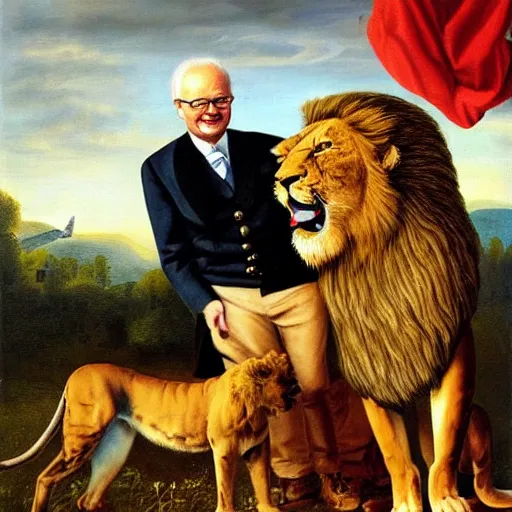 Image similar to Swedish king Carl XVI Gustaf with his pet lion, smoking a cigar, professional oil painting, highly detailed, renaissance