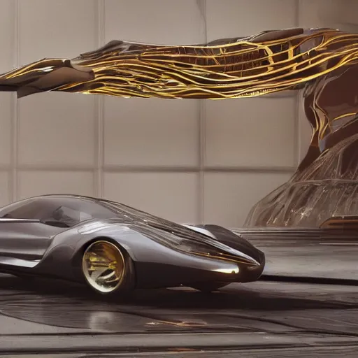 Image similar to car : motherboard forms in the style of zaha hadid architecture sci-fi futuristic setting ultra realistic photography, keyshot render, octane render, unreal engine 5 render , high oiled liquid glossy specularity reflections, ultra detailed, golden hour 4k, 8k, 16k in the style ofblade runner 2049 Cyberpunk 2077 ghost in the shell thor 2 marvel film : tilt shift: sharp focus