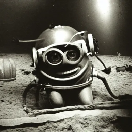 Image similar to old creepy black and white photograph of a minion in deep sea diving gear