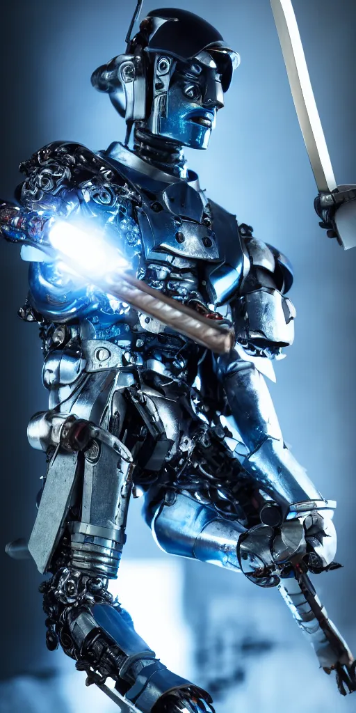 Image similar to a photo of cyborg samurai posing with a blue katana, futuristic, holographic, 8k, sharp focus, fujifilm