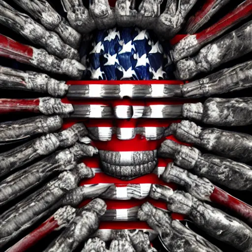 Image similar to military bullets skulls weapons american flag smoke scariest horror nightmare by pushead junji ito and horiyoshi iii, digital art, deepdream cosmic, 3 d high definition, trending on artstation, photorealistic, 8 k, octane, hyper detailed, trending on deviantart elegant trend, highly detailed unreal engine