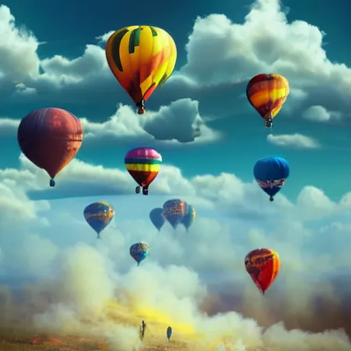 Image similar to colorful hot air balloons float over a fiery battlefield of smoke, fantasy, concept art, colorful, vivid