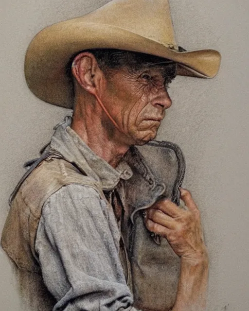 Prompt: high quality high detail pencil drawing by norman rockwell, hd, portrait of a cowboy, muted pastel colors, photorealistic lighting