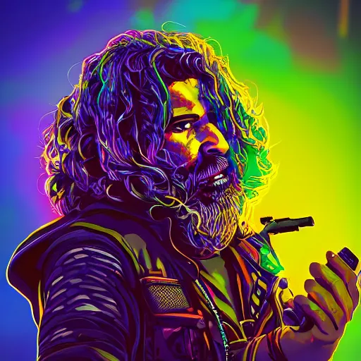 Prompt: highly detailed rony abovitz as jerry garcia, cyberpunk, concept art, character art, studio lightning, bright colors, intricate, masterpiece, photorealistic, hyperrealistic, sharp focus, high contrast, Artstation HQ, DeviantArt trending, 8k UHD, Unreal Engine 5