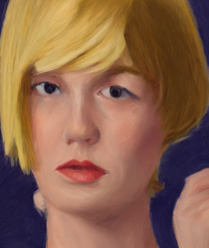 Image similar to a closeup portrait of woman with a blonde bob with bangs, in the style of edward hopper, very fine brush strokes, 4 k,