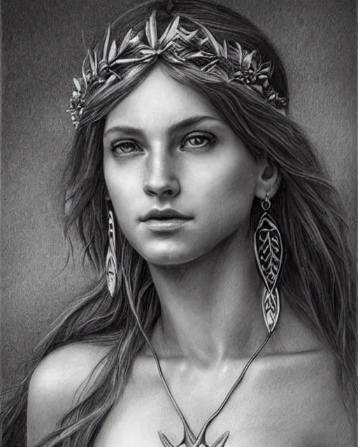 Image similar to pencil drawing of a beautiful greek goddess aphrodite wearing a laurel wreath and arrowhead earrings, beautiful confident and piercing eyes, beautiful flowing hair, hyper realistic face, in the style of greg rutkowski, fantasy, amazing detail, epic, elegant, smooth, sharp focus, from the front