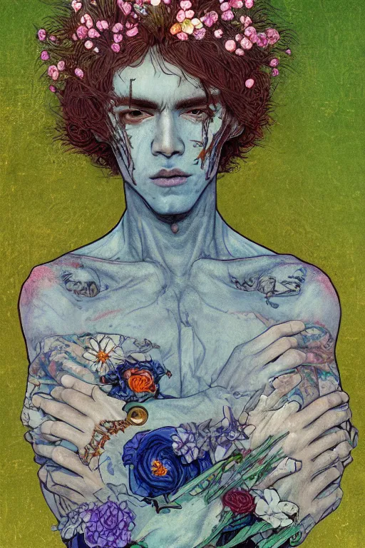 Image similar to portrait of beautiful young man, warhammer, japanic style, cyberpunk, a lot of scars, more and more flowers, blue head, green side, the middle ages, highly detailed, artstation, illustration, art by gustav klimt, 8 k quality