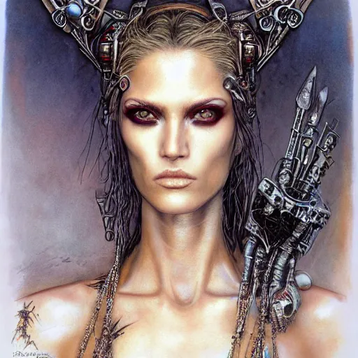 Image similar to an award finning closeup facial portrait by luis royo and john howe of a bohemian female cyberpunk traveller clothed in excessively fashionable 8 0 s haute couture fashion and wearing ornate art nouveau body paint