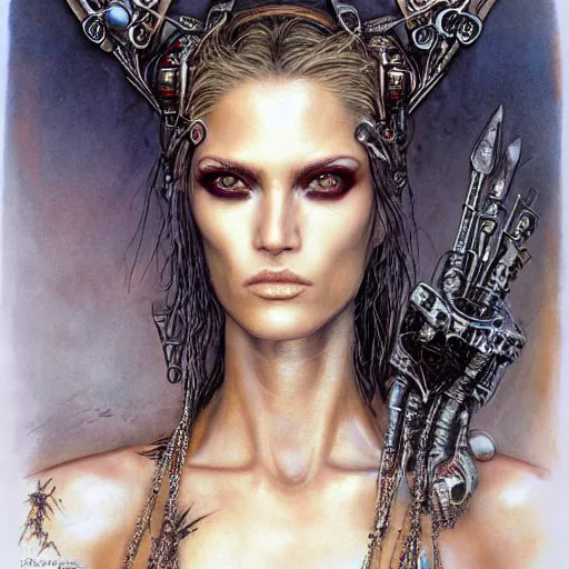 Prompt: an award finning closeup facial portrait by luis royo and john howe of a bohemian female cyberpunk traveller clothed in excessively fashionable 8 0 s haute couture fashion and wearing ornate art nouveau body paint