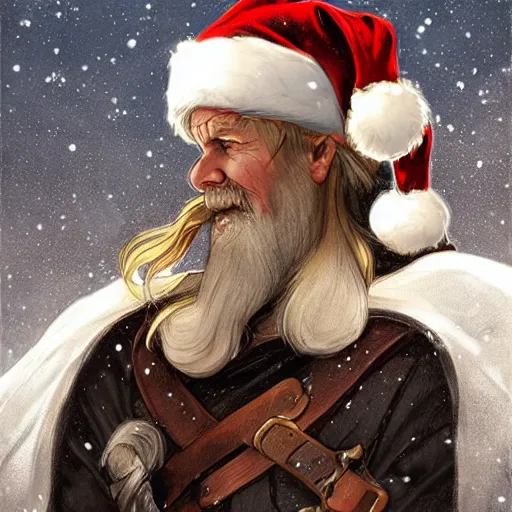 Image similar to santa claus wearing a viking helmet, art by artgerm, greg rutkowski and alphonse mucha
