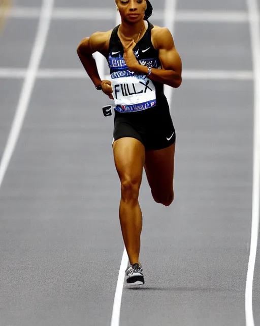 Image similar to allyson felix, at the 2 0 0 - meter starting line, olympic trials, sports photography in the style of neil leifer, bokeh