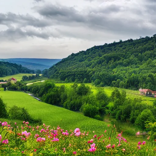 Prompt: dordogne typical landscape, hills in the background, summer, river, ultra detailed, ultra sharp, award winning. 8 k, flowers, trees, thunderstorm and rain