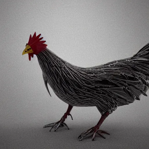 Image similar to caught with a 6 legged steel chicken, hyper detailed, photorealistic, octane render, trending at cgstation, rule of thirds, 8 k.