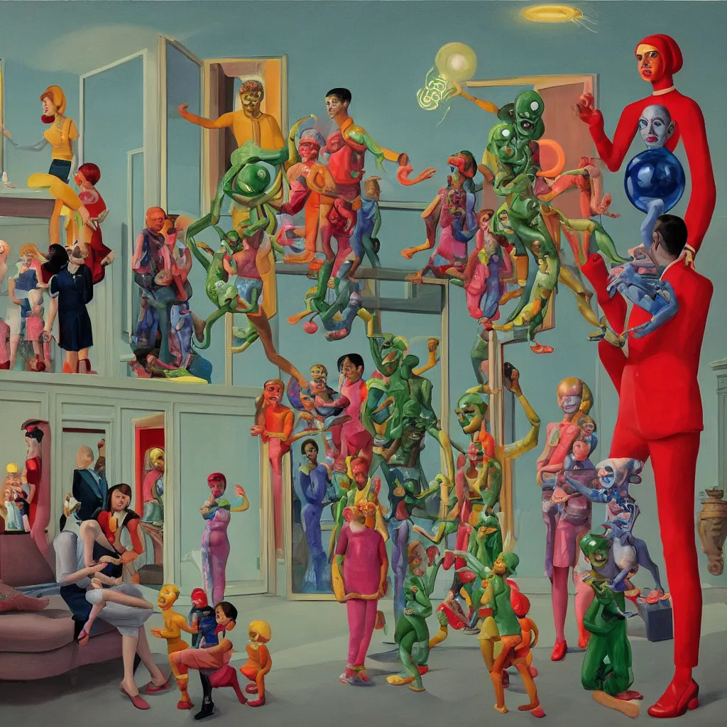 Image similar to painting of a gucci costumed family being shown how to open magic portals by a large glowing alien in their suburban living room maze, designed by gucci and wes anderson, energetic glowing orbs in the air, in the style of edward hopper, james jean, and mc. escher