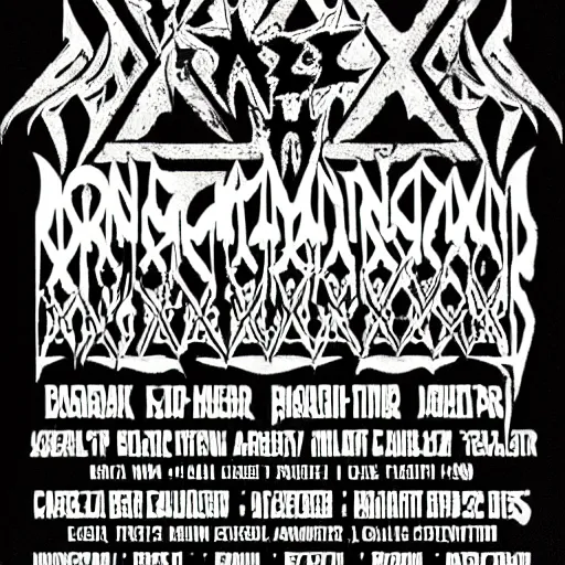 Image similar to black metal concert flyer, black metal logos, unreadable, poster, 3 band lineup