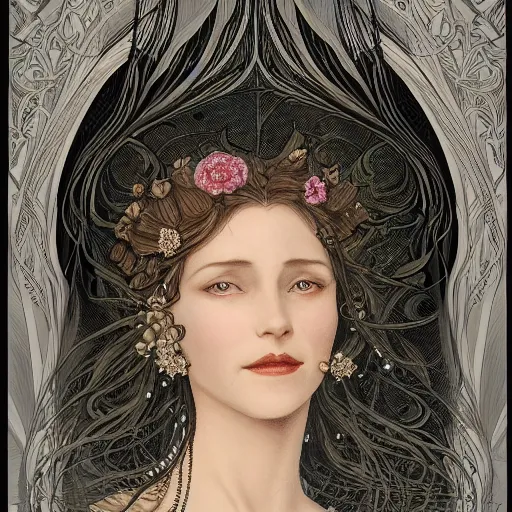 Image similar to facial portrait of a young pretty woman in flowing dress, arrogant, mysterious, long fine flowing hair, delicate, looking at camera, slightly awkward smile, realistic face, hands behind back, intricate, stylish, elegant, grimdark fantasy, flowers, art nouveau, extremely detailed painting inspired by Gerald Brom and Ernst Haeckel and Kaluta