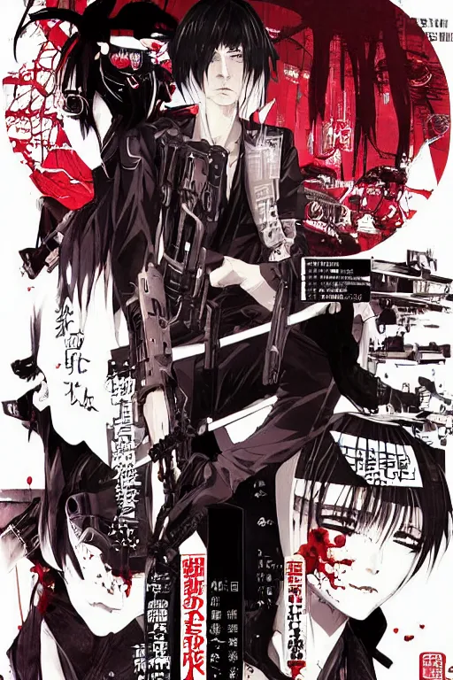 Image similar to professionally drawn 9 0 s seinen seinen seinen mature cyberpunk horror detective action manga comic cover, full color, beautifully drawn coherent professional, drawn by ilya kuvshinov, ilya kuvshinov, and hiromu arakawa and tsutomu nihei. japanese script on the cover. award - winning manga.