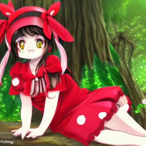 Image similar to a painttoolsai of reimu in the jungle wearing bonnet