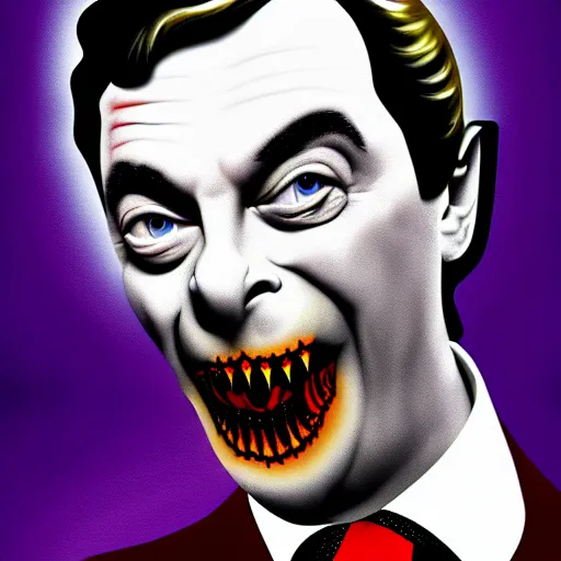 Prompt: nigel farage as count dracula, dramatic movie poster, candle light, digital art, detailed, dark intense colors