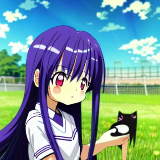 Prompt: A cute little anime girl with long indigo colored hair, wearing a school soccer uniform, in a large grassy green field, petting a cat, shining golden hour, she has detailed black and purple anime eyes, extremely detailed cute anime girl face, she is happy, child like, Japanese shrine in the background, Higurashi, black anime pupils in her eyes, Haruhi Suzumiya, Umineko, Lucky Star, K-On, Kyoto Animation, she is smiling and happy, tons of details, stretching on the grass