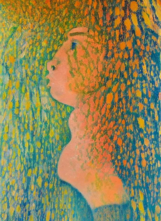 Image similar to an extreme close-up abstract portrait of a lady enshrouded in an impressionist representation of Mother Nature’s trees and the meaning of life by Igor Scherbakov, abstract, thick visible brush strokes, figure painting by Anthony Cudahy and Rae Klein, minimalist vintage cover illustration by Mitchell Hooks