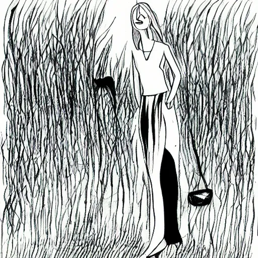 Prompt: ink illustration of tall slender woman with long grey hair in a black dress walking out of a swamp, drawing by graham ingels,