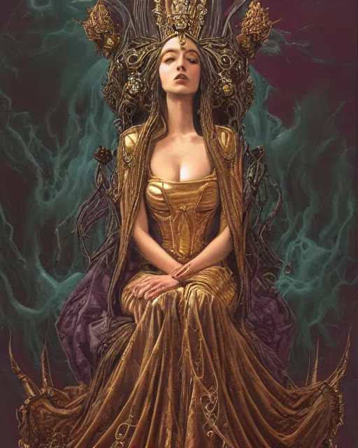 Prompt: full view Symbolic portrait of an ethereal Queen in a crown of sorrow wearing a ornate dress sitting on a throne by Gerald Brom and Jean Delville, detailed and realistic, featured on Artstation, soft lighting, behance