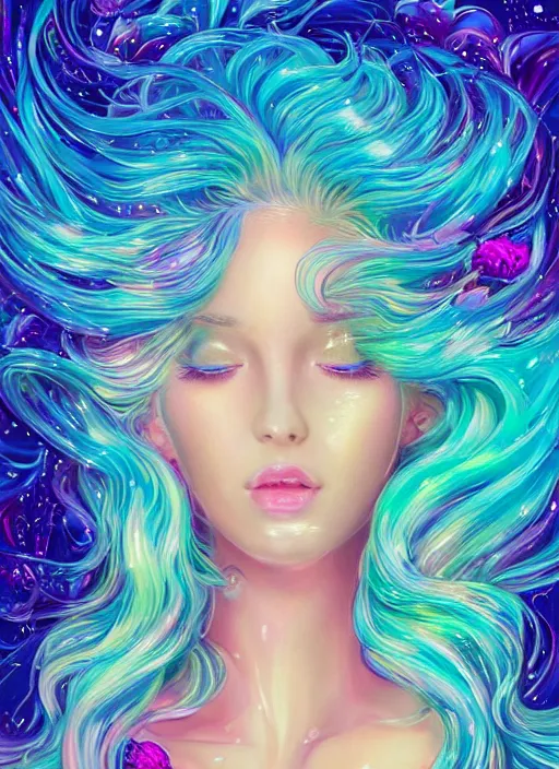Prompt: blonde beautiful young woman,mermaid in the sea, extremely detailed gorgeous face, sad eyes, tears, sexy body and face, glowing blue jelly fish, vaporwave aesthetic, synthwave, long luxurious gown, colorful, psychedelic, intricate, elegant, highly detailed, digital painting, artstation, concept art, smooth, sharp focus, illustration, art by artgerm and greg rutkowski and alphonse mucha