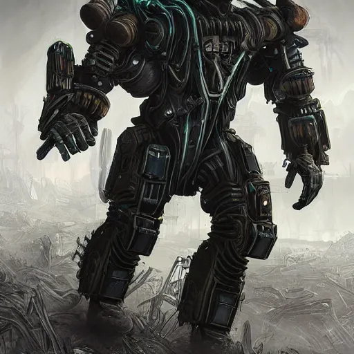 Image similar to Hunter in combat dieselpunk giant walker exoskeleton with chrome details walks between the mystical foggy roots. Style as if Dan Mumford and Tsutomu Nihei make game in Unreal Engine, photorealism, colorful, finalRender iridescent fantasy concept art 8k resolution concept art ink drawing volumetric lighting bioluminescence, plasma, neon, brimming with energy, electricity, power, Colorful Sci-Fi Steampunk Biological Living, cel-shaded, depth, particles, lots of reflective surfaces, subsurface scattering