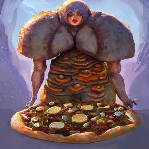 Image similar to ultra realistic illustration of golem made of pizza, intricate, fantasy italy, elegant, highly detailed, digital painting, artstation, concept art, smooth, sharp focus, illustration, art by tim mcburnie and conar cross and anato finnstark