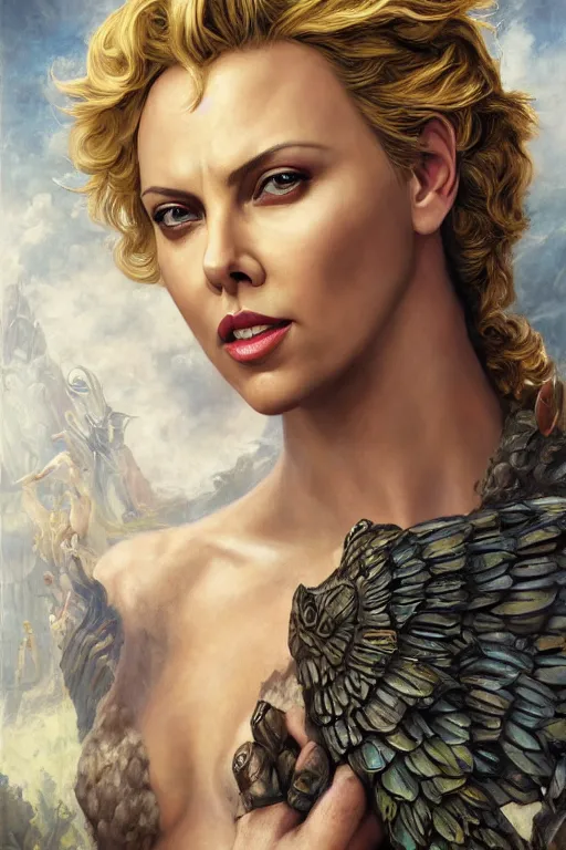 Image similar to A fantasy comic book style portrait painting of Charlize Theron, Scarlett Johansson, as an Atlantean Reptilian Warrior, Mystical Valkyrie, François Boucher, Oil Painting, unreal 5, DAZ, hyperrealistic, octane render, Regal, Refined, Detailed Digital Art, RPG portrait, William-Adolphe Bouguereau, Michael Cheval, Walt Disney (1937), Steampunk, dynamic lighting, Highly Detailed, Cinematic Lighting, Unreal Engine, 8k, HD