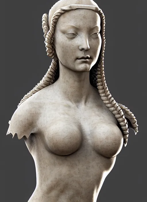 Image similar to a medieval female mercenary, elegant, filigree renaissance sculpture from marble, brilliant symmetry, created by verrocchio andrea, leonardo da vinci, sandro botticelli, raffaelle monti, epic 7 0 mm lens shot, artstation trending, photorealism, sharp focus, smooth, establishing shot, sense of awe