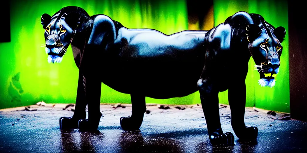 Image similar to the smooth black lioness, made of smooth black goo, in the zoo exhibit, viscous, sticky, full of black goo, covered with black goo, splattered black goo, dripping black goo, dripping goo, splattered goo, sticky black goo. photography, dslr, reflections, black goo, zoo, exhibit