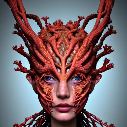 Image similar to high quality photo of a young beautiful female queen-coral-dragon-cyborg bust with a very long neck and Mandelbrot fractal face, Mandelbrot fractal skin, flesh, anatomical, facial muscles, veins, arteries, elegant, highly detailed, flesh highly baroque ornate, hair are wired cables, elegant, high fashion, rim light, octane render, in the style of Lindsay Adler, Realistic, Refined, Digital Art, Highly Detailed, Cinematic Lighting, rim light, black and white, photo-realistic, 8K