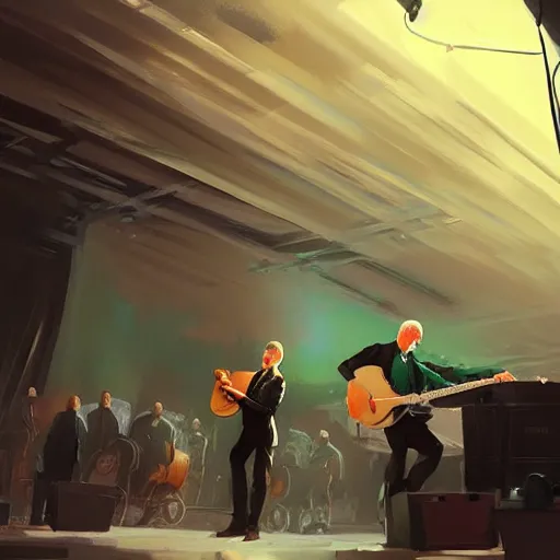 Prompt: the wolfe tones performing music on stage 4 k, concept art, by wlop, ilya kuvshinov, artgerm, krenz cushart, greg rutkowski, pixiv. cinematic dramatic atmosphere, sharp focus, volumetric lighting, cinematic lighting, studio quality