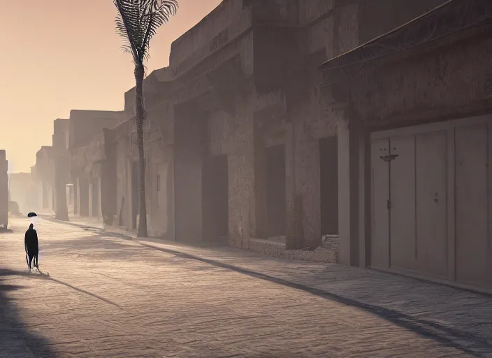 Image similar to old jeddah city alley, roshan, old shops, horse, magical glowing sand gateway to another dimension, a man wearing a white robe standing watching over, dramatic lighting, dawn, by caspar david friedrich, unreal engine 5