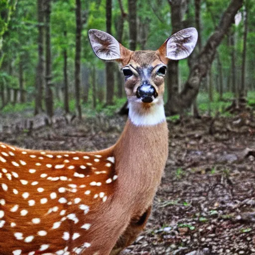 Image similar to a beautiful spotted deer in the woods, rocket launchers on the deers back