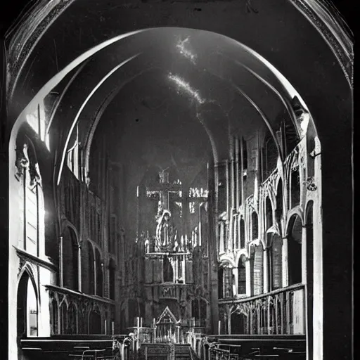 Prompt: an early photograph of a steampunk cathedral with god rays from the 19th century