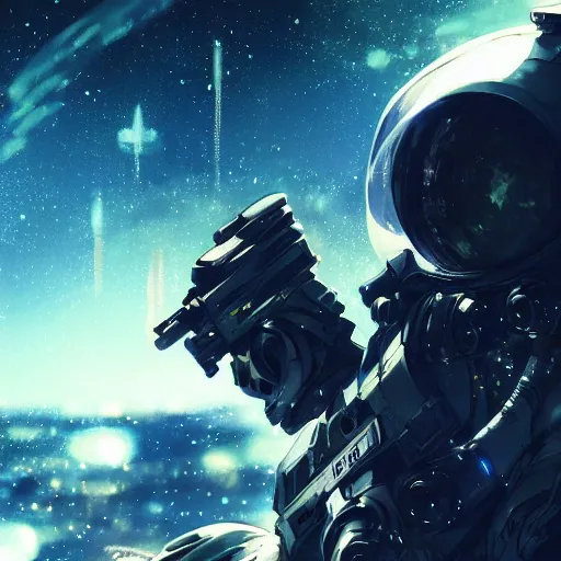 Image similar to bokeh, beautiful detail, stars in the sky, cybernetic, sci-fi space game art, jeon Jungkook holding a gun. alien planet art by Akihito Yoshitomi AND Yoji Shinkawa AND Greg Rutkowski, Mark Arian trending on artstation