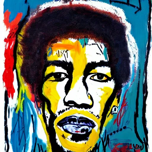 Image similar to jimi hendrix portrait painted by jean michel - basquiat